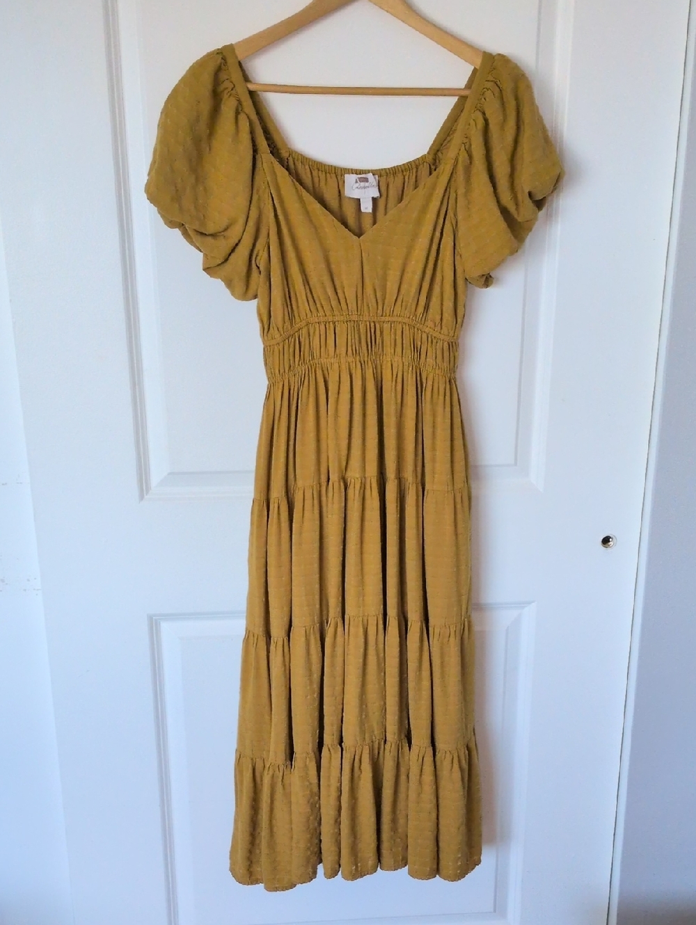Cleobella Mustard Midi Dress with Puff Sleeves - Picture 3 of 7